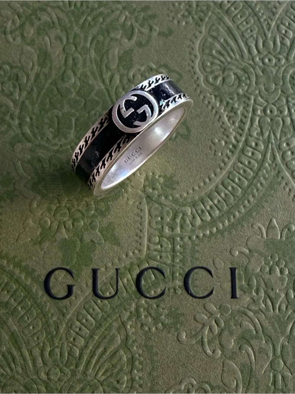 NWT GUCCI INTERLOCKING G RING STERLING SILVER BLACK ENAMEL DESIGNER SIZE: 19